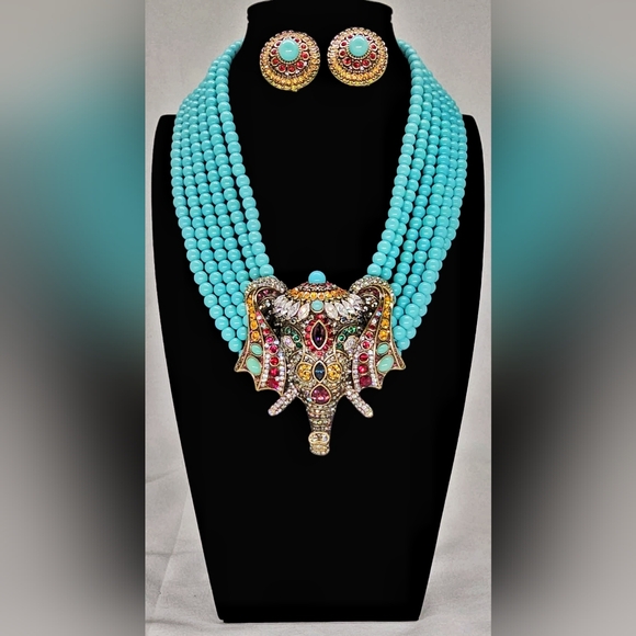 Heidi Daus CHIC SHEIK Turquoise Elephant Necklace And Earrings Set - Picture 1 of 9